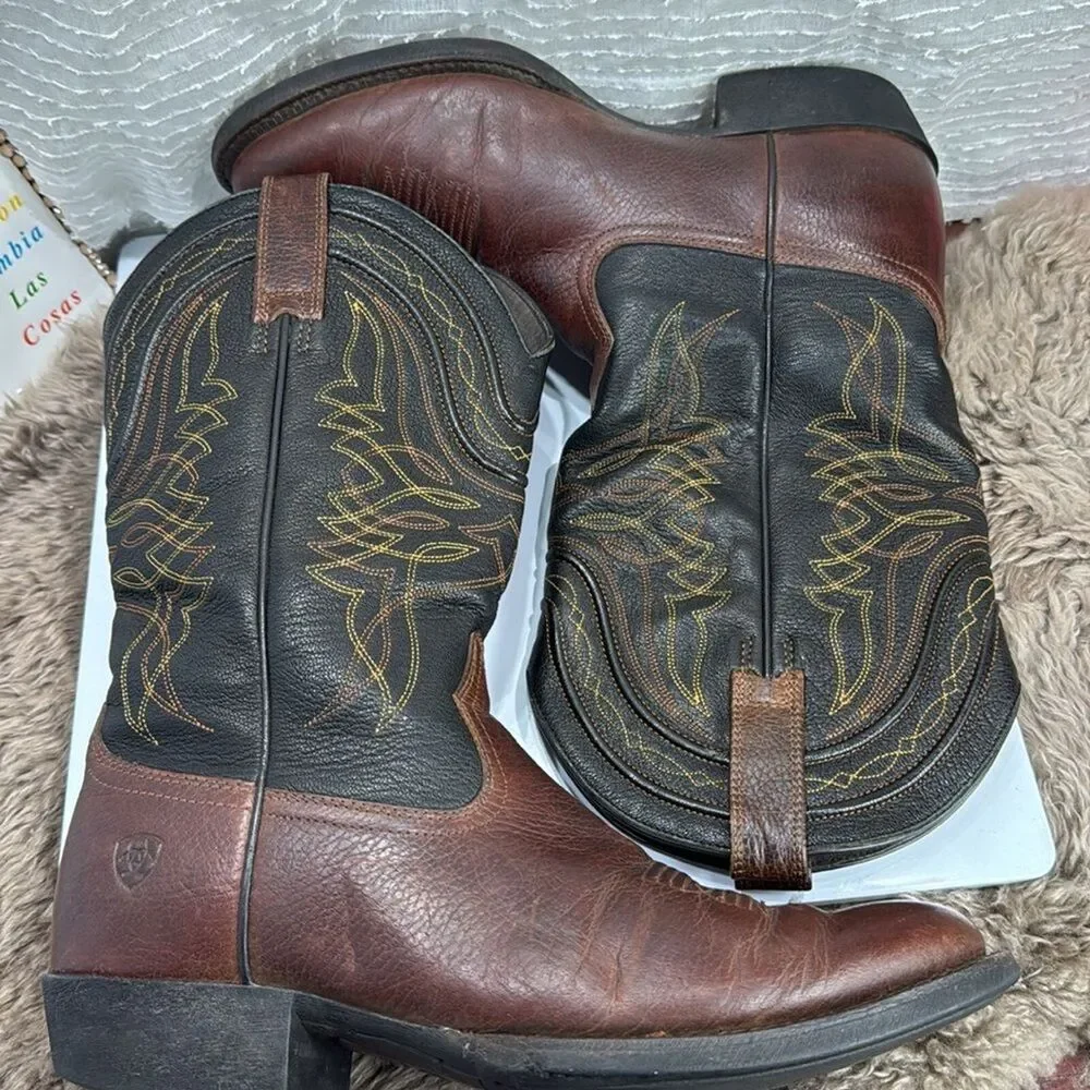 (F) Ariat Men's Comeback Round Toe Western Boots Brown & Black 10016364 - Picture 13 of 15